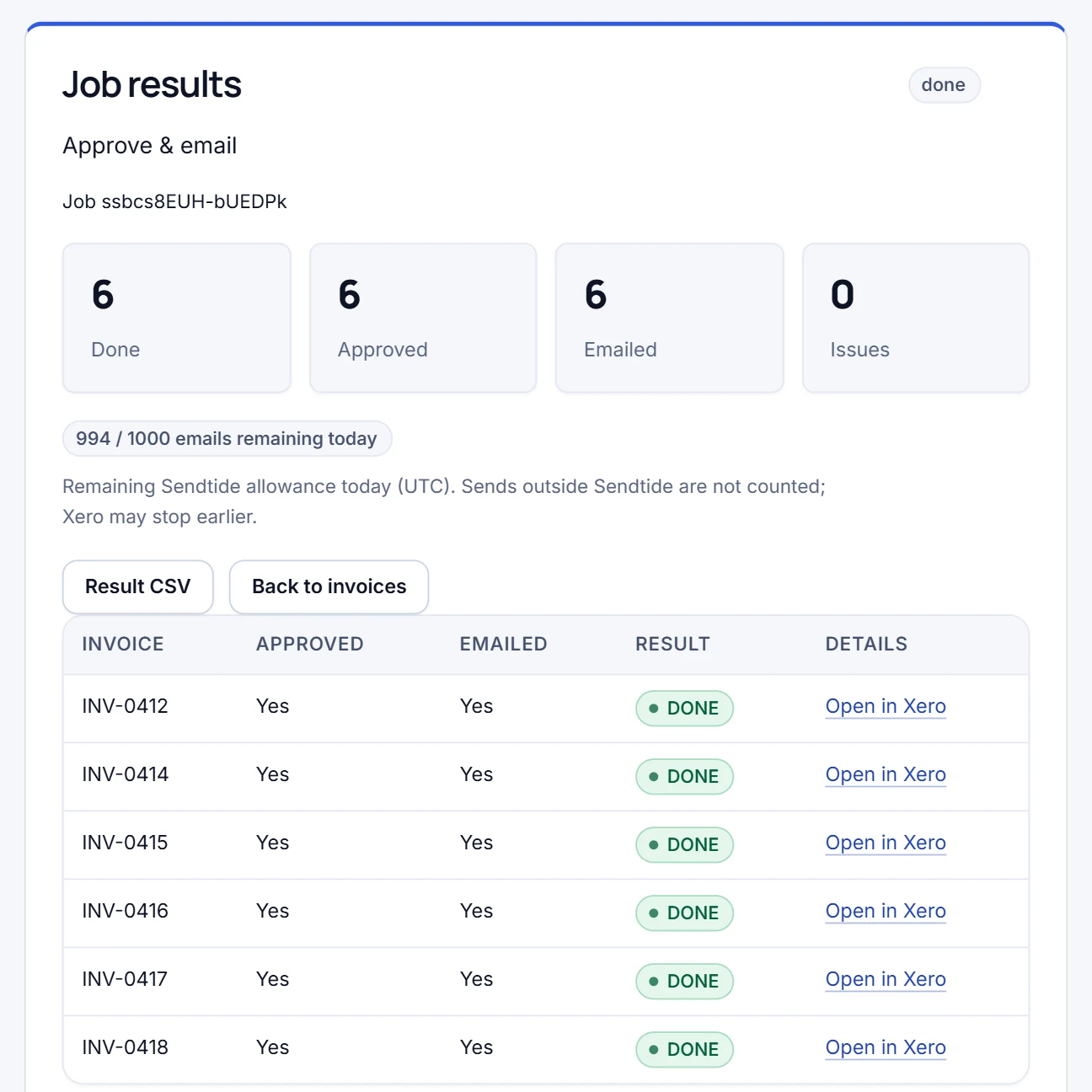 Real Sendtide result with sample data: approved and emailed per invoice, with the result CSV.